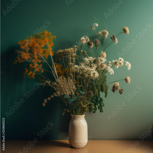 Dried flowers in vase on table in front of wall.