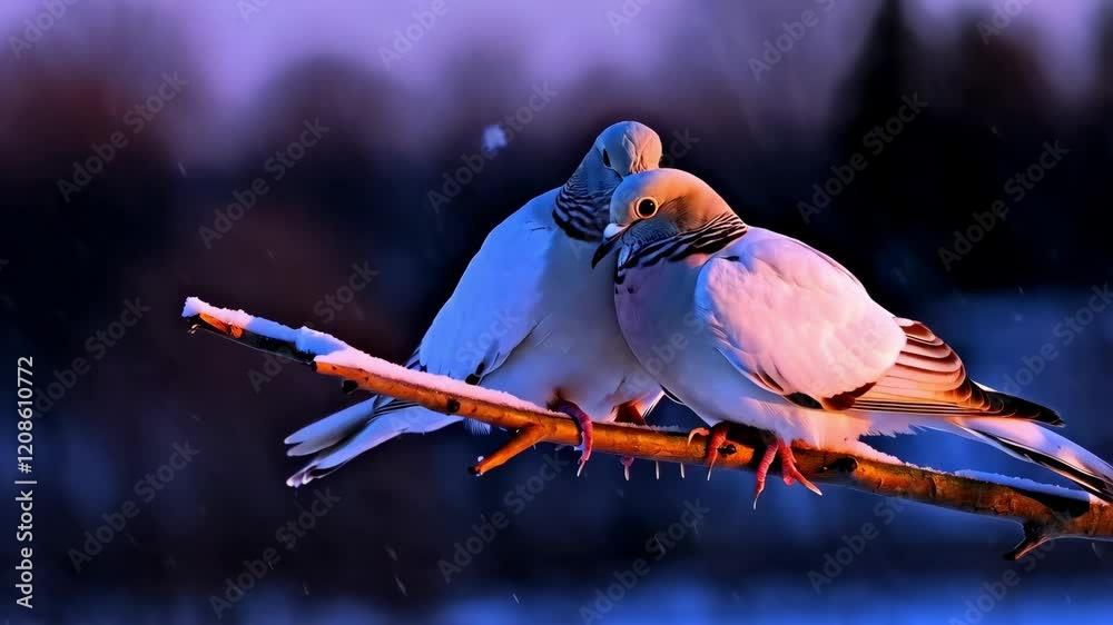 Two doves cuddling on a snowy branch at sunset, creating a heartwarming scene of avian affection