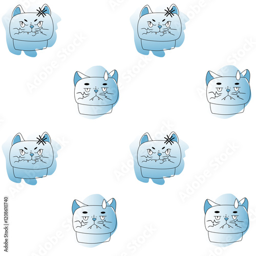 Cat meme pattern. Blue colors with black linart. Emotions of joke, humor, surprise, hopelessness, anger.