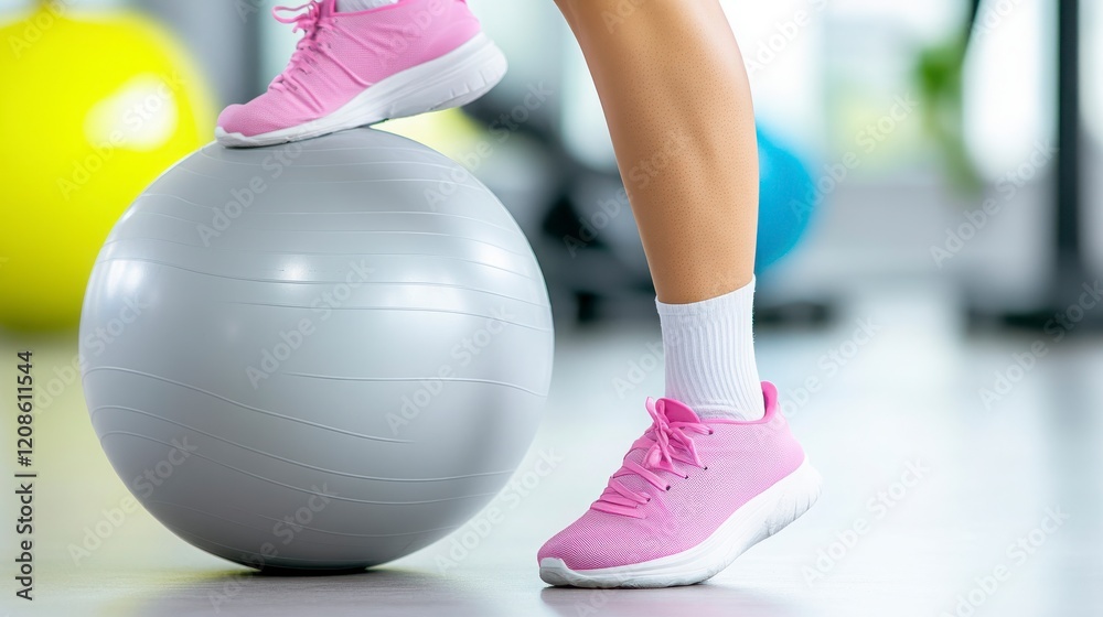 Naklejka premium Woman Exercising with a Fitness Ball and Pink Sneakers in Gym
