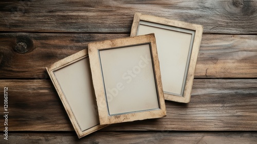 Vintage empty photo frames on wooden background
