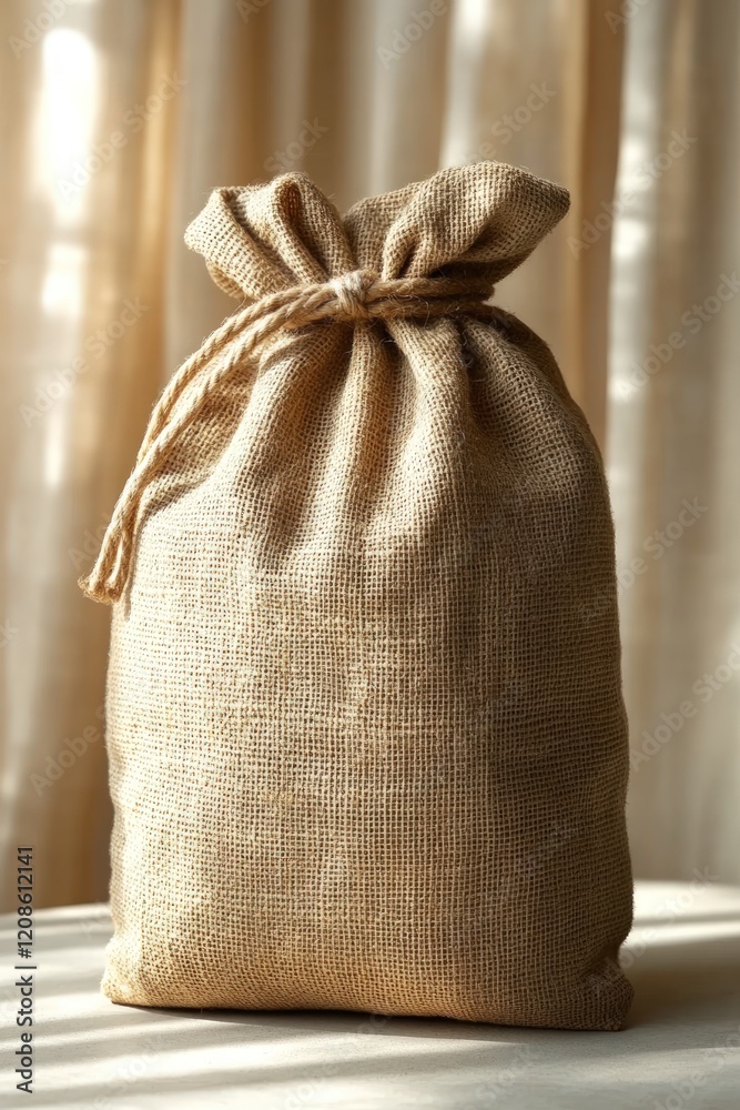 Full burlap sack, tied shut, sits on table. Full burlap sack, tied shut, sits on table.