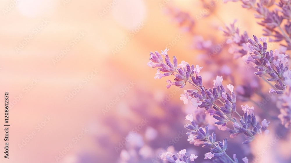 Naklejka premium A calming gradient of soft peach transitioning into lavender with a blurred effect creating a serene, peaceful backdrop for captions or design elements symbolizing tranquility and balance.