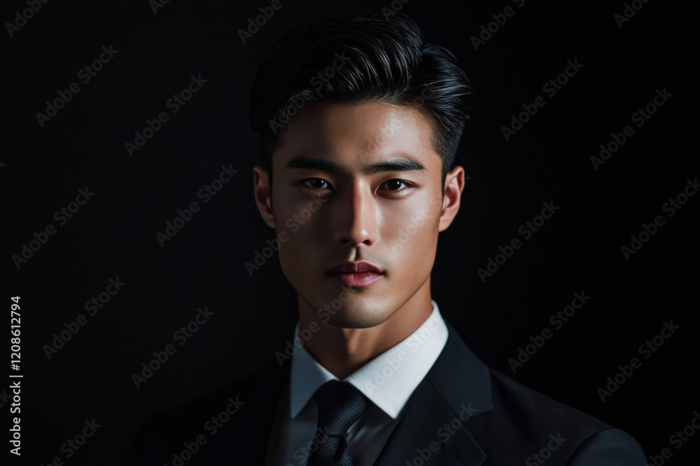 Portrait of a young man looking confidently in formal attire against a dark background Portrait of a young man looking confidently in formal attire against a dark background