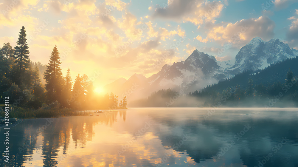 Fototapeta premium Morning sunrise with colorful cool bluish effect and clouds with bright sky through foggy mountain range and lake landscape, coved with pine forest. Twilight Cove. Illustration