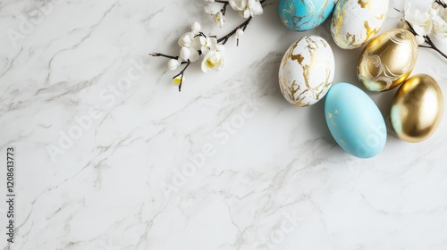 Colorful decorated Easter eggs and spring flowers arranged on a marble surface for a festive celebration photo