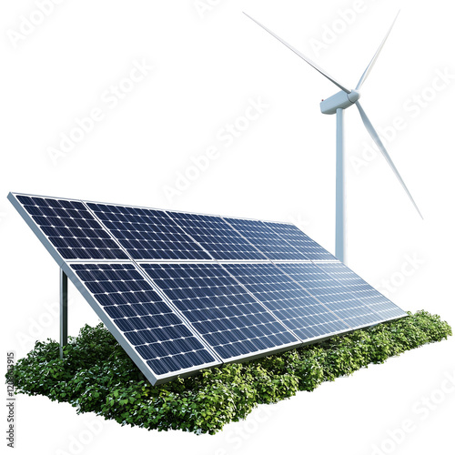 Renewable energy setup with solar panels and a wind turbine ideal for sustainability and eco-friendly themes isolated on transparent background, png photo