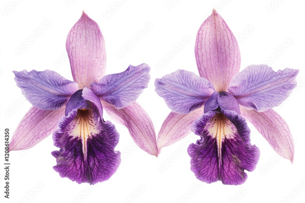 Fototapeta premium Two purple orchids, studio shot, isolated, white background, floral design
