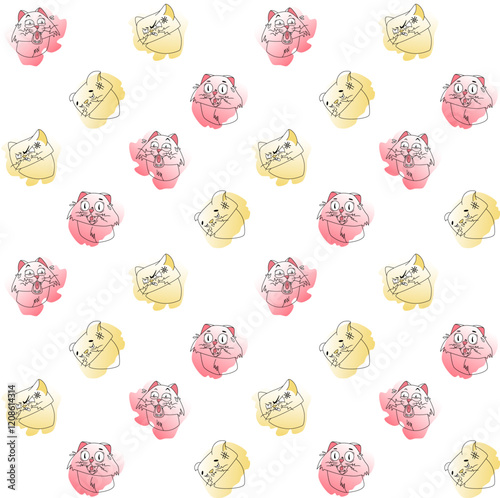  Cat meme pattern. Pink and yellow colors with black linart. Emotions of joke, humor, surprise, hopelessness, anger.