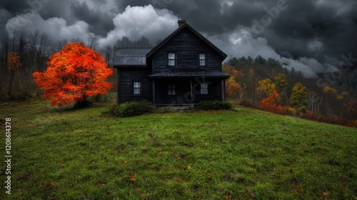 Autumnal storm over dark house, hilltop, vibrant maple. Halloween, nature, real estate