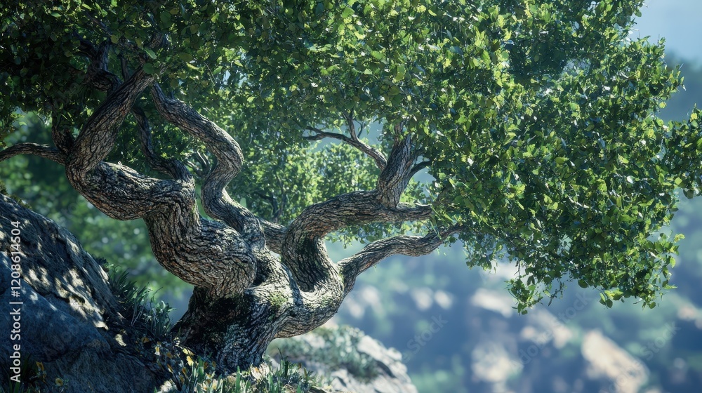 Fototapeta premium Ancient twisting tree on sunlit rocky hillside with lush green leaves