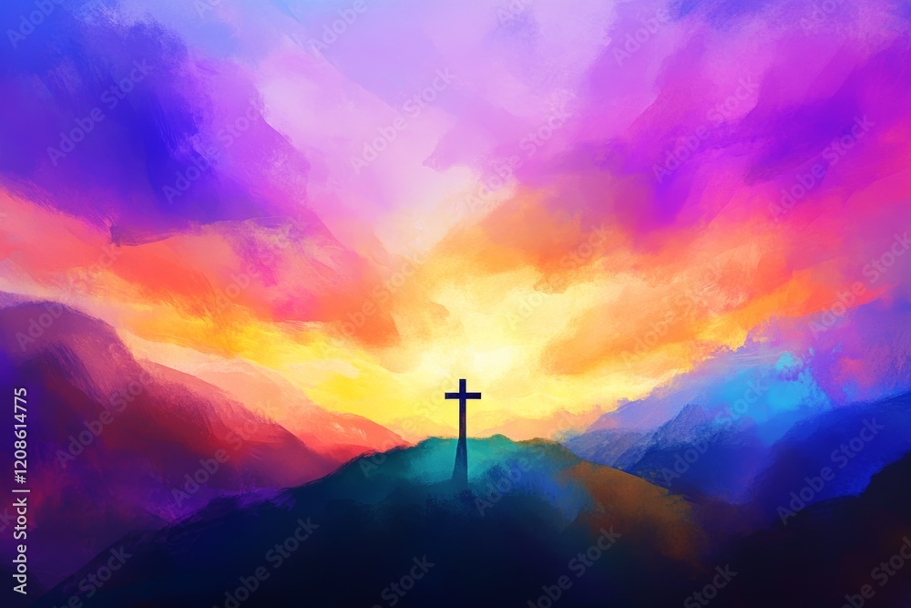 Obraz premium Vibrant sunrise over mountains with a cross symbolizing hope and faith in a serene landscape