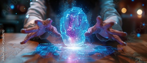 A person using holographic technology to manipulate a glowing digital globe above a table in a futuristic setting