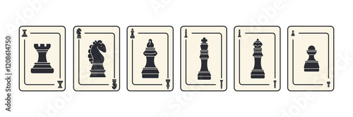 Set of minimalist black chess piece card illustrations featuring kings, queens, rooks, bishops, knights, and pawns in black and white.Strategic game lovers, board game enthusiasts