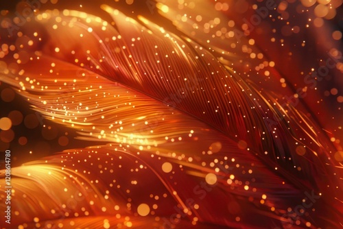 Vibrant orange feathers illuminated by sparkling particles, creating a warm, ethereal atmosphere