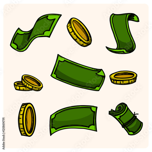 Money and coins banknotes flat cartoon set doodle style drawing
