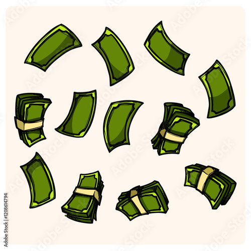 Flying cartoon banknotes, dollar cash money bills, falling and swirling green banknotes of usd currency with doodle style drawing
