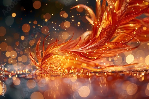 Vibrant orange feathers with sparkling bokeh effect creating a magical atmosphere in nature