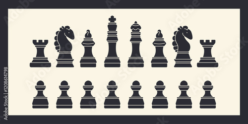 Chess black pieces: rook, knight, bishop, king, queen, and pawns. Strategy game symbols in black and white. Minimalist chess art illustration.