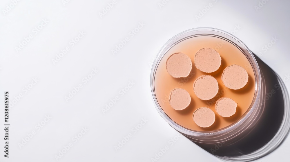 Unique Peach-Colored Gel Discs in a Transparent Container on a White Surface, Perfect for Beauty and Skincare Illustrations or Cooking Inspirations Unique Peach-Colored Gel Discs in a Transparent Container on a White Surface, Perfect for Beauty and Skincare Illustrations or Cooking Inspirations