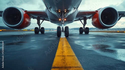 Airplane on runway, close-up of airplane wheels and landing gear, ready for takeoff