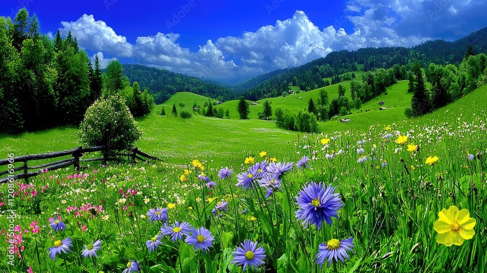 Obraz premium Sunny mountain meadow wildflowers, scenic landscape, idyllic rural view, postcard image