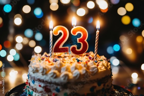 A vibrant birthday cake with the numeral 23 displayed on top, set against a picturesque bokeh backdrop. This cake is a wonderful treat for a 23rd birthday celebration, filled with happiness, and