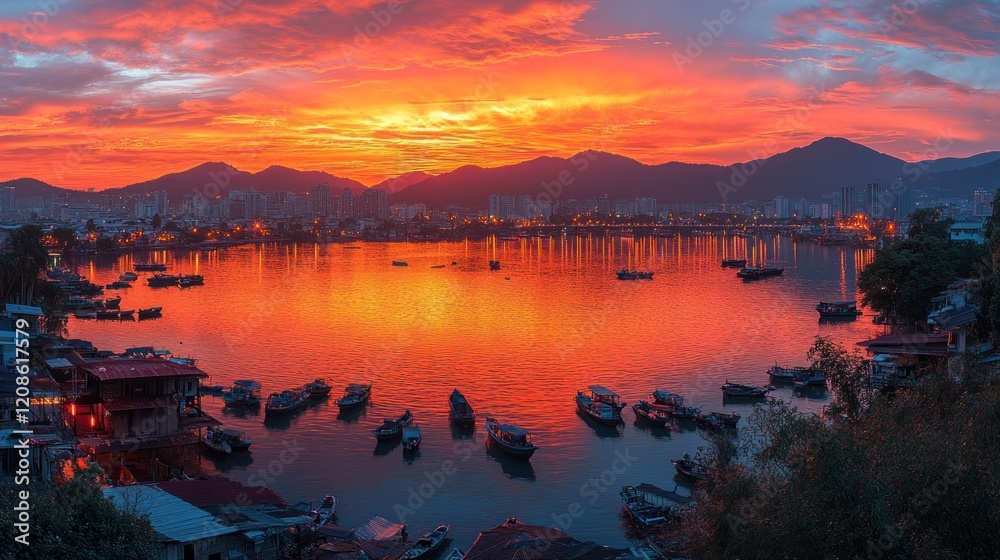 Fototapeta premium Vibrant Sunset Over Tranquil Harbor with Boats and Mountain Silhouette