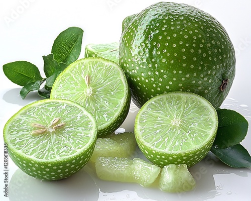 Fresh green lime placed whole and intact with its smooth skin standing out against the white background
