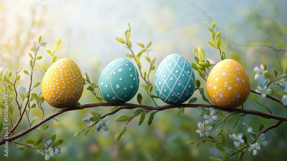 Decorative easter eggs nestled in green branches for spring celebration Decorative easter eggs nestled in green branches for spring celebration