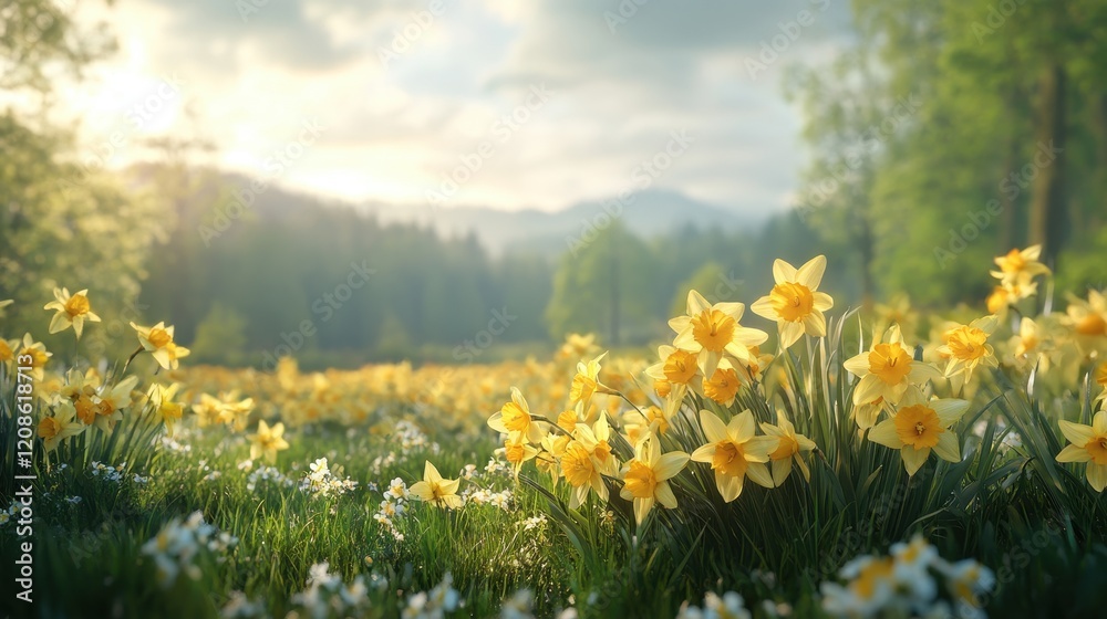 Cute easter bunny in daffodil field with copy space for spring greeting card design Cute easter bunny in daffodil field with copy space for spring greeting card design