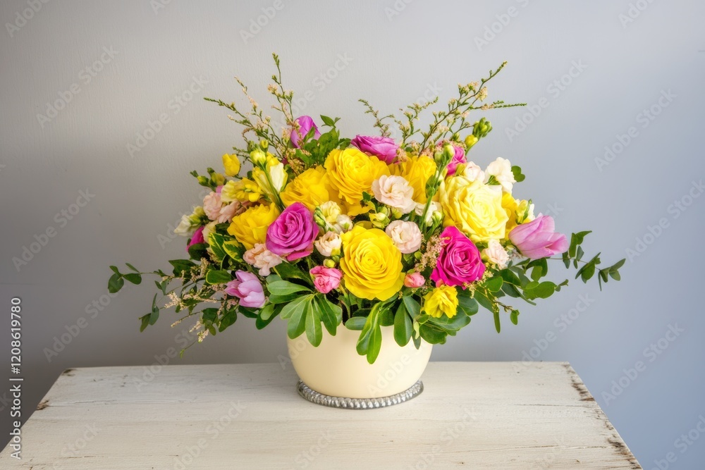 custom made wallpaper toronto digitalColorful floral arrangement with vibrant roses and blossoms displayed in a white vase on a simple table