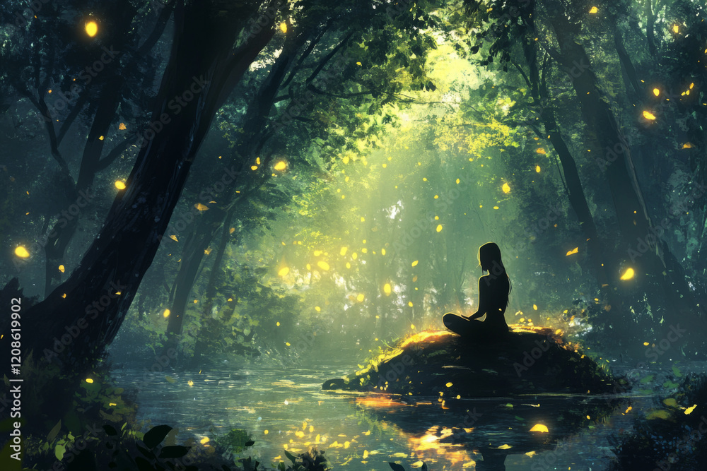 Calm meditation session by the water surrounded by glowing fireflies in a serene forest Calm meditation session by the water surrounded by glowing fireflies in a serene forest