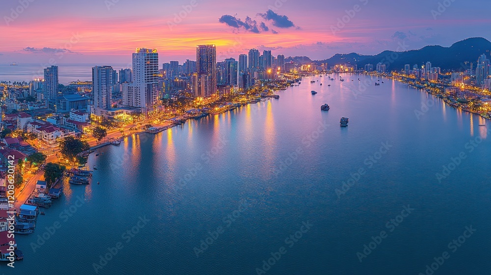 Obraz premium Scenic Urban Waterfront at Sunset with Illuminated Skyline