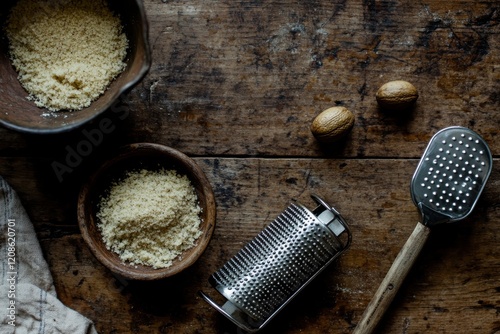 Grated Nutmeg Styled with Microplane on Rustic Background Surrounded by Whole Nuts for Captivating Food Photography in Moody Lighting photo