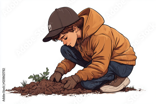 Illustration of kid digging soil 