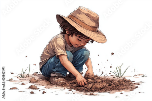 Illustration of kid digging soil 