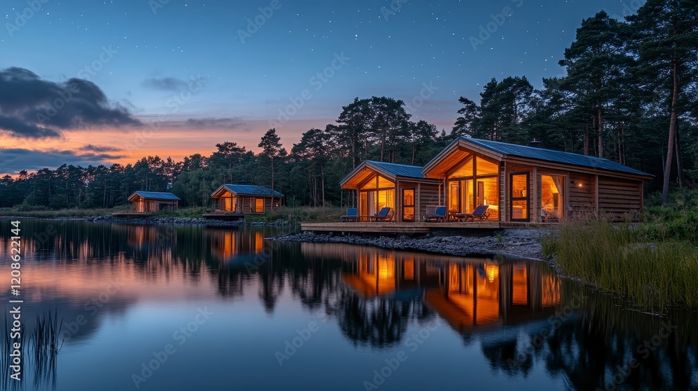 Fototapeta premium Serene Lakeside Cabins at Twilight Tranquil Wooden Cottages Starry Night Peaceful Reflection