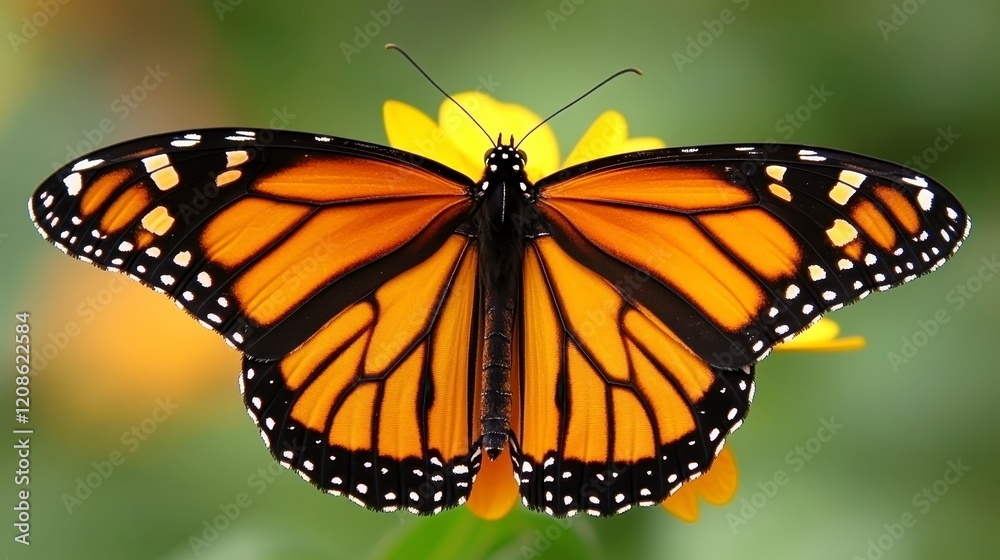 Fototapeta premium Vibrant Monarch Butterfly on Yellow Flower Detailed Close up Macro Photography