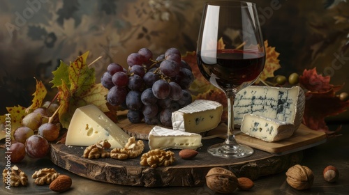 Autumn Cheese Platter with Red Wine and Grapes
