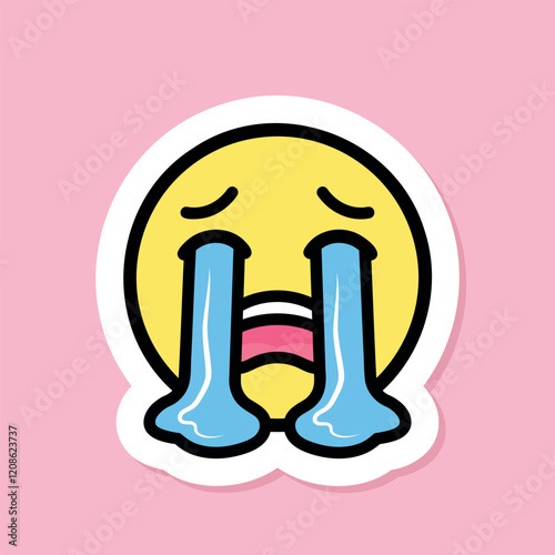 loudly crying face emoji sticker, cute sticker with tears streaming down on pink background, vector design element