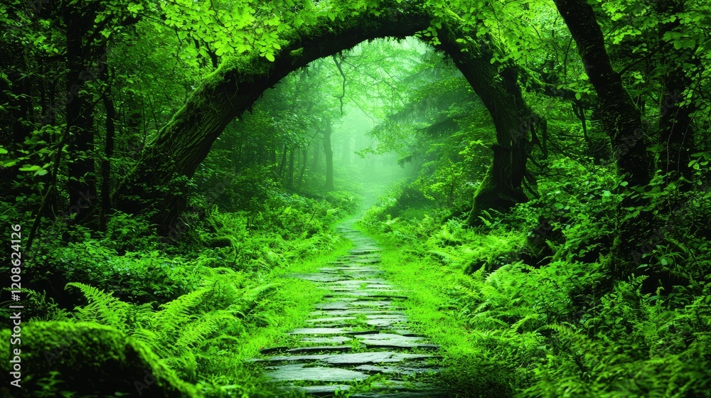 Obraz premium Misty forest path, lush green foliage, stone walkway, tranquil background, nature scene