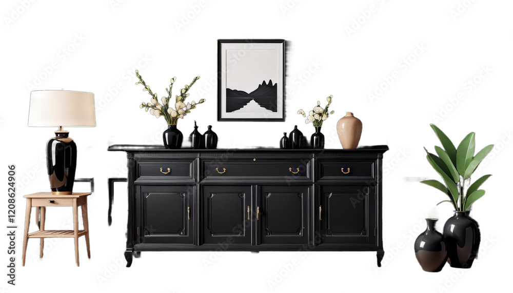 wooden style illustration consoe modern floor classic door mock 3d frame render color lamp black vases dresser interior scandinavian three-dimensional art wall room