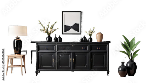 Obraz na płótnie wooden style illustration consoe modern floor classic door mock 3d frame render color lamp black vases dresser interior scandinavian three-dimensional art wall room w salonie