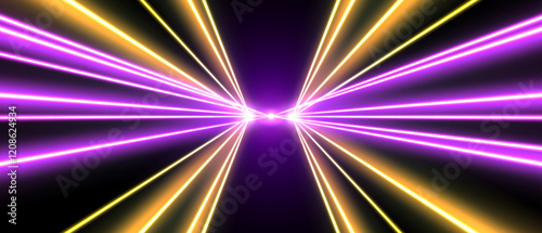 Laser rays or beams, glowing neon lines, bright futuristic background. Motion or speed light effect. Concert or nightclub spotlights. Vector illustration.