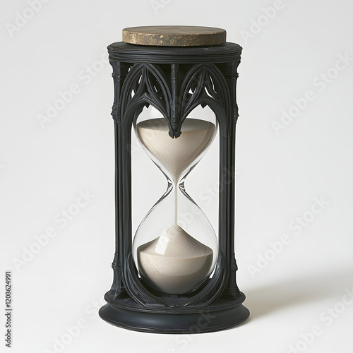 Antique hourglass with flowing sand on a white background