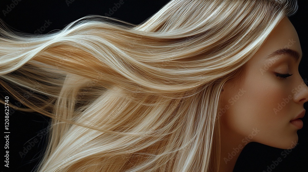 Naklejka premium Blonde woman, flowing hair, dark background, beauty shot, hair product ad