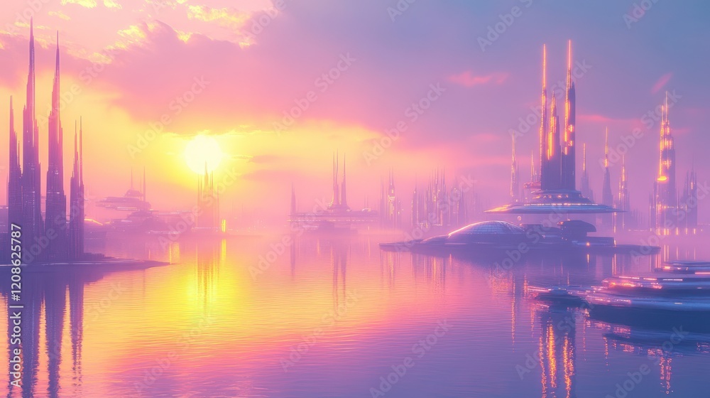 Futuristic city skyline at sunset reflected in calm water. Futuristic city skyline at sunset reflected in calm water.