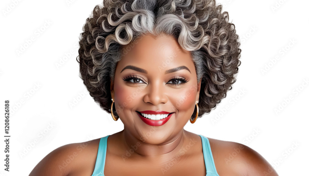 woman close camera 50s american short portrait middle aged african gray hairdo looking happy size beautiful middle-aged skin care cosmetic female lady mature model senior skincare