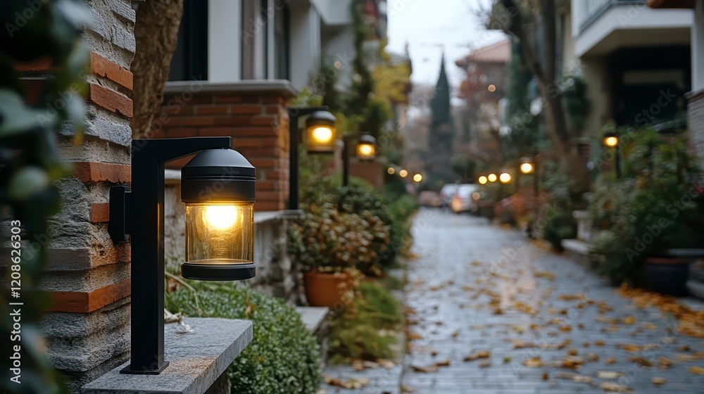 Fototapeta premium Illuminated Pathway Exterior Wall Mounted Lamps Lighting Up a Cobblestone Street